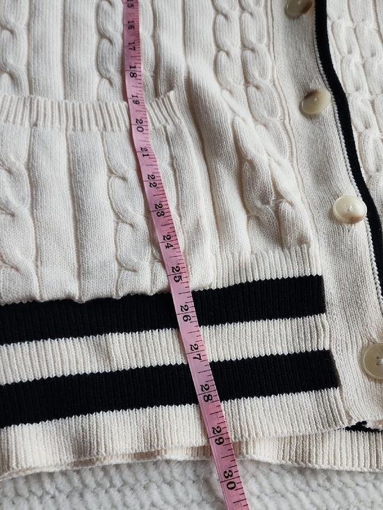 Loft Classic Cable Knit Cream Cardigan with Black Trim Brand New